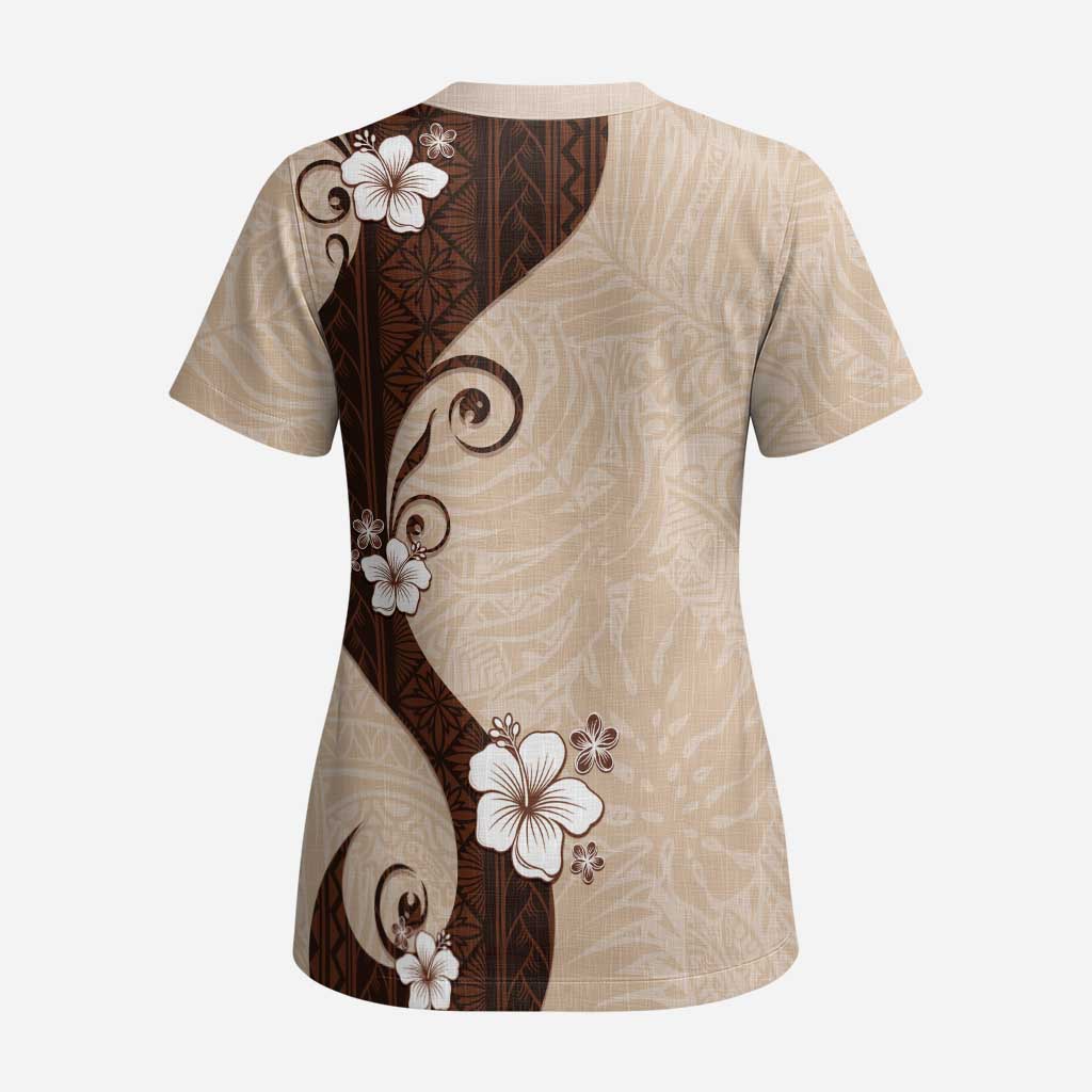 Polynesia Hibiscus Scrub Top Cameo Curve Motif - Polynesian Pride