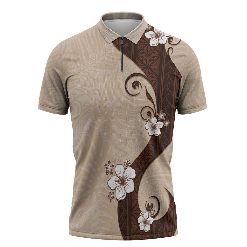 Polynesia Hibiscus Zipper Polo Shirt Cameo Curve Motif - Polynesian Pride