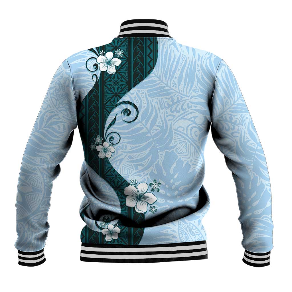 Polynesia Hibiscus Baseball Jacket Sky Blue Curve Motif - Polynesian Pride