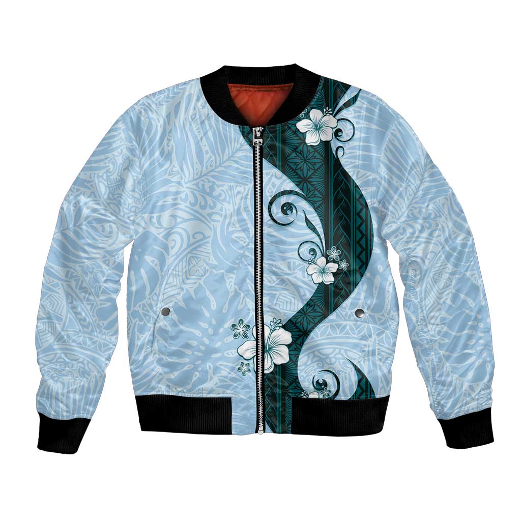 Polynesia Hibiscus Bomber Jacket Sky Blue Curve Motif LT05 Unisex Blue - Polynesian Pride