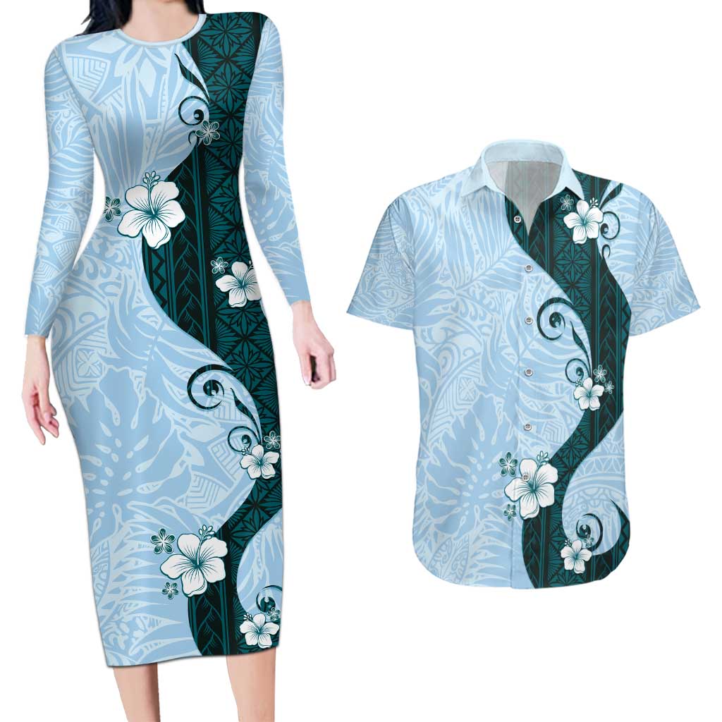 Polynesia Hibiscus Couples Matching Long Sleeve Bodycon Dress and Hawaiian Shirt Sky Blue Curve Motif - Polynesian Pride