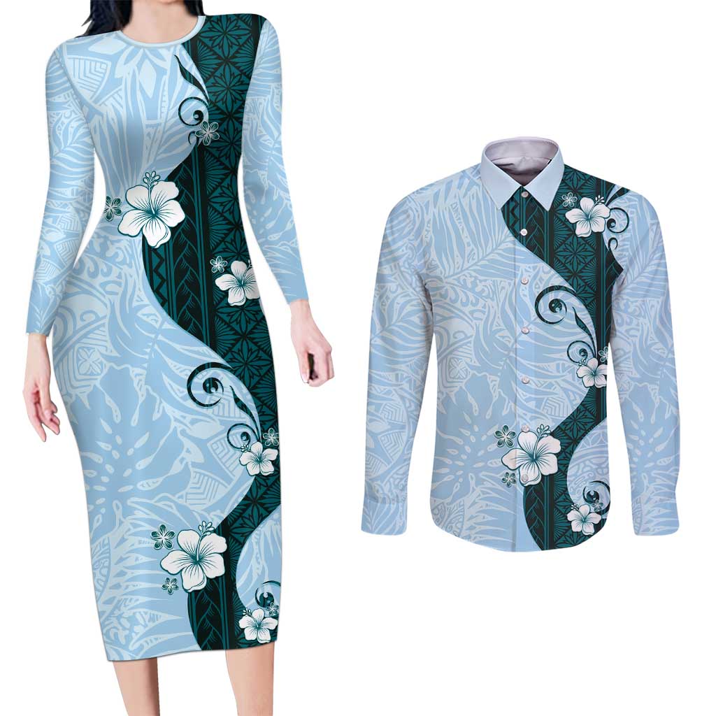 Polynesia Hibiscus Couples Matching Long Sleeve Bodycon Dress and Long Sleeve Button Shirt Sky Blue Curve Motif - Polynesian Pride
