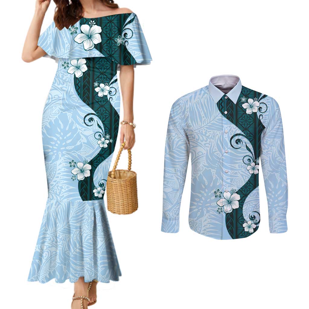 Polynesia Hibiscus Couples Matching Mermaid Dress and Long Sleeve Button Shirt Sky Blue Curve Motif LT05 Blue - Polynesian Pride