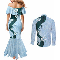 Polynesia Hibiscus Couples Matching Mermaid Dress and Long Sleeve Button Shirt Sky Blue Curve Motif LT05 - Polynesian Pride
