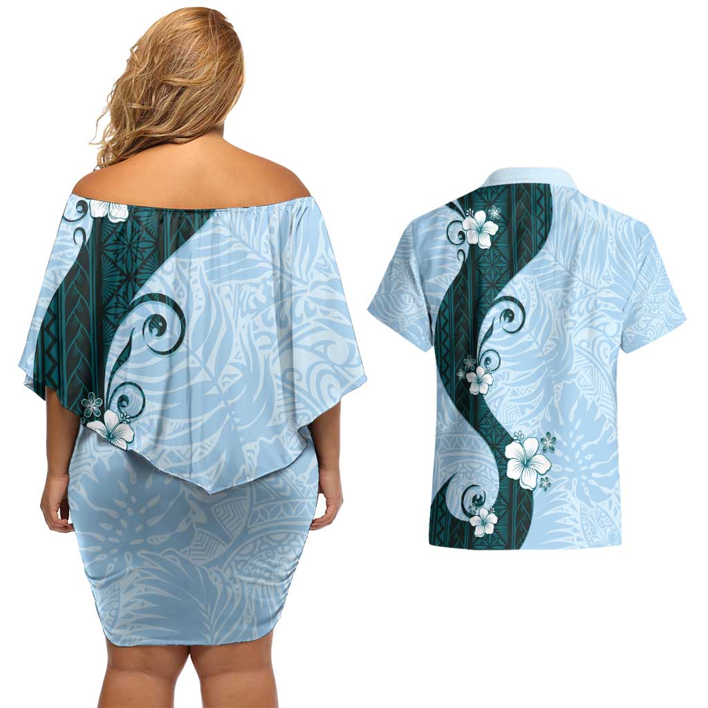 Polynesia Hibiscus Couples Matching Off Shoulder Short Dress and Hawaiian Shirt Sky Blue Curve Motif - Polynesian Pride