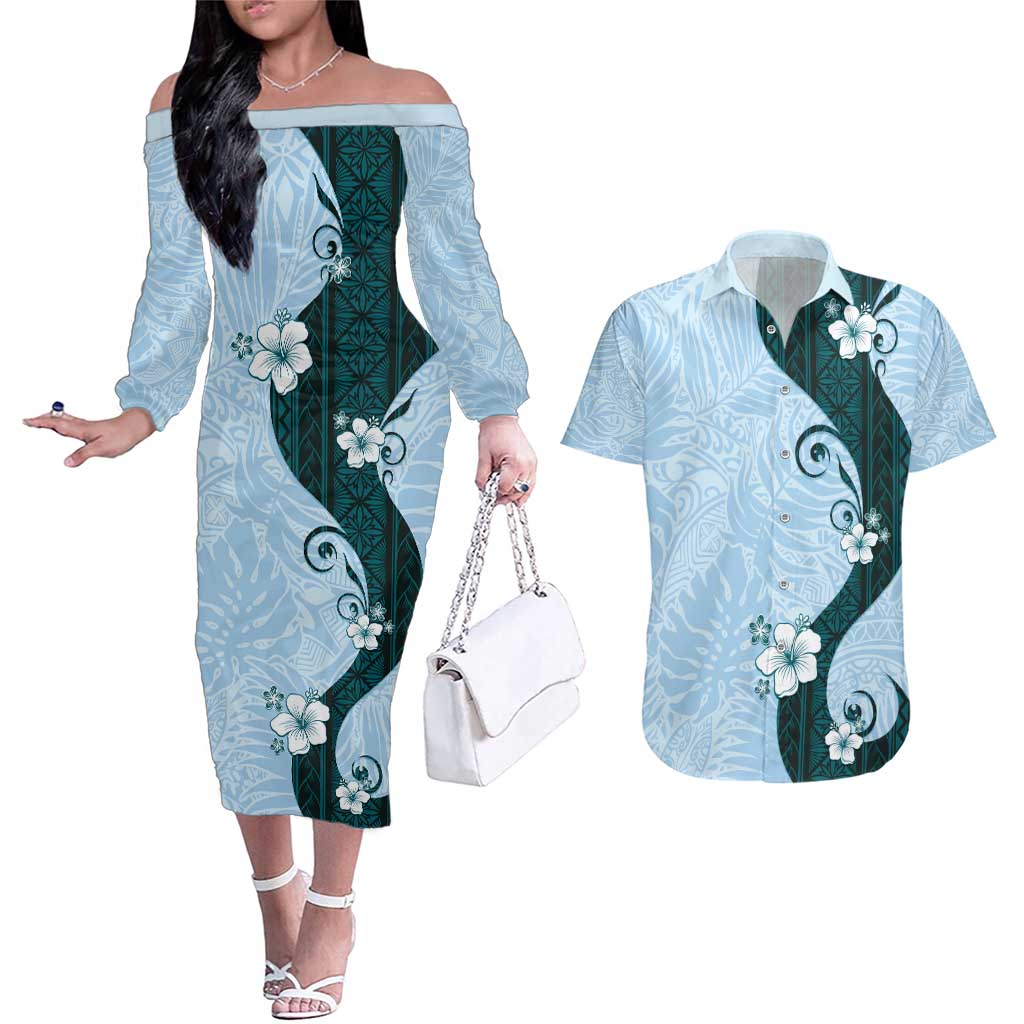Polynesia Hibiscus Couples Matching Off The Shoulder Long Sleeve Dress and Hawaiian Shirt Sky Blue Curve Motif - Polynesian Pride
