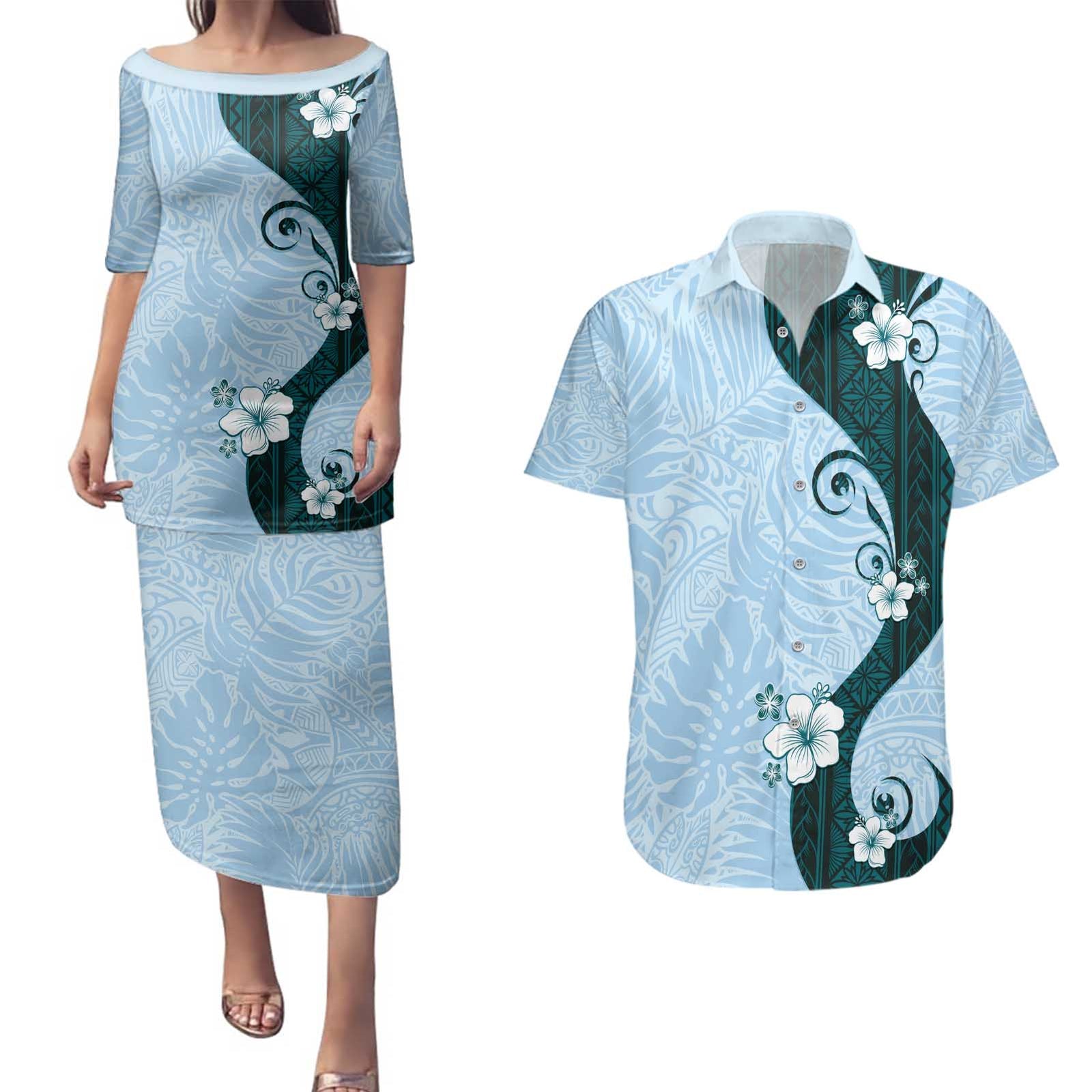 Polynesia Hibiscus Couples Matching Puletasi and Hawaiian Shirt Sky Blue Curve Motif LT05 Blue - Polynesian Pride