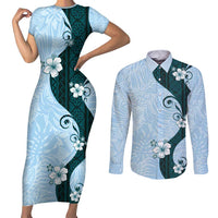 Polynesia Hibiscus Couples Matching Short Sleeve Bodycon Dress and Long Sleeve Button Shirt Sky Blue Curve Motif LT05 Blue - Polynesian Pride