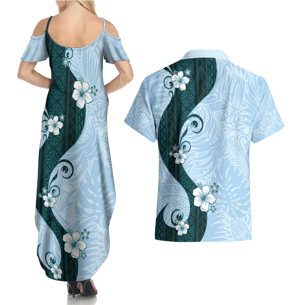 Polynesia Hibiscus Couples Matching Summer Maxi Dress and Hawaiian Shirt Sky Blue Curve Motif - Polynesian Pride