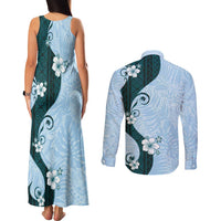 Polynesia Hibiscus Couples Matching Tank Maxi Dress and Long Sleeve Button Shirt Sky Blue Curve Motif - Polynesian Pride