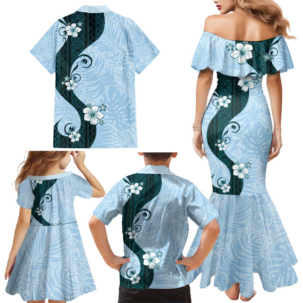 Polynesia Hibiscus Family Matching Mermaid Dress and Hawaiian Shirt Sky Blue Curve Motif - Polynesian Pride