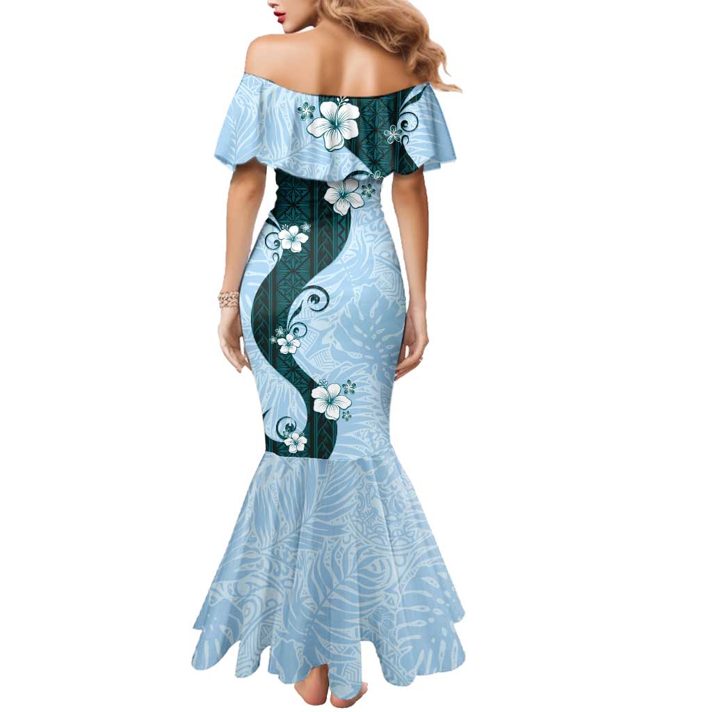 Polynesia Hibiscus Family Matching Mermaid Dress and Hawaiian Shirt Sky Blue Curve Motif - Polynesian Pride