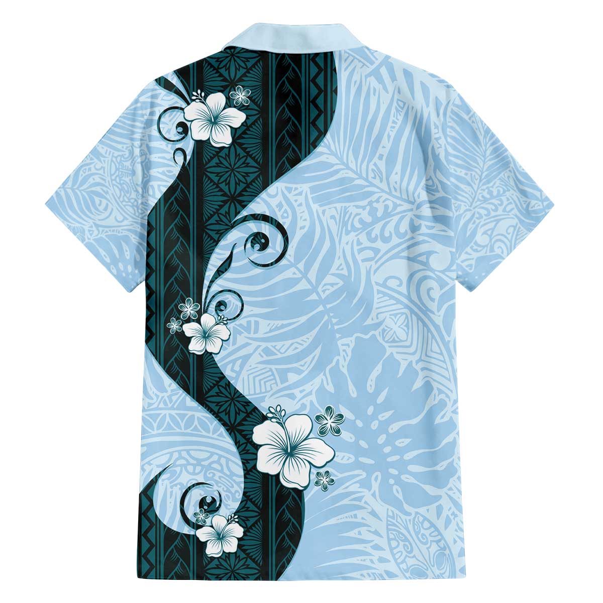 Polynesia Hibiscus Family Matching Off The Shoulder Long Sleeve Dress and Hawaiian Shirt Sky Blue Curve Motif - Polynesian Pride