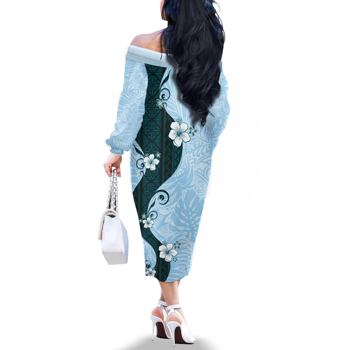 Polynesia Hibiscus Family Matching Off The Shoulder Long Sleeve Dress and Hawaiian Shirt Sky Blue Curve Motif - Polynesian Pride