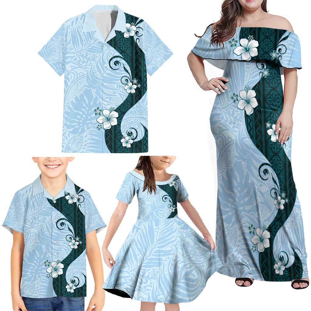 Polynesia Hibiscus Family Matching Off Shoulder Maxi Dress and Hawaiian Shirt Sky Blue Curve Motif - Polynesian Pride