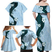 Polynesia Hibiscus Family Matching Off Shoulder Maxi Dress and Hawaiian Shirt Sky Blue Curve Motif - Polynesian Pride