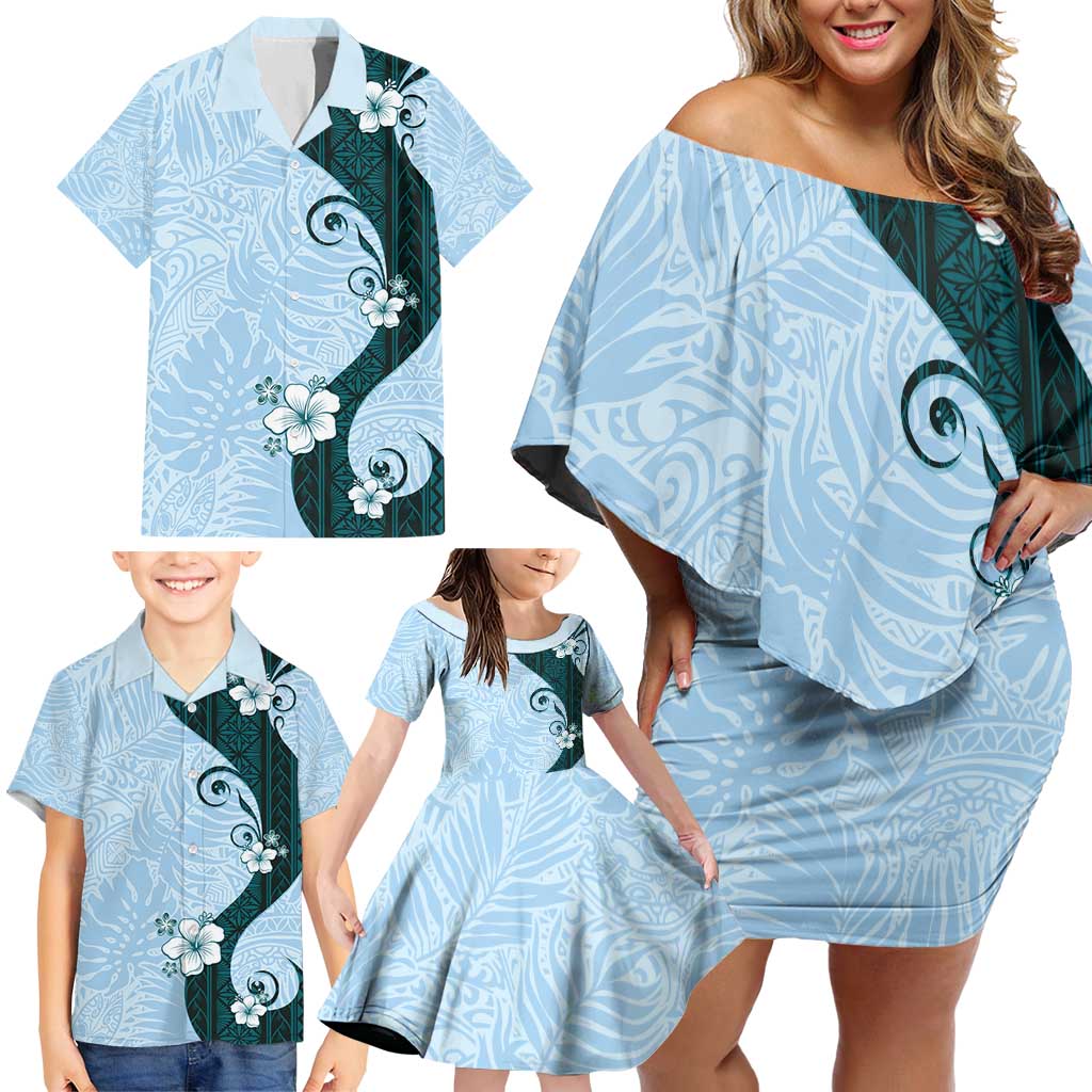 Polynesia Hibiscus Family Matching Off Shoulder Short Dress and Hawaiian Shirt Sky Blue Curve Motif - Polynesian Pride