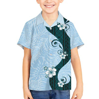 Polynesia Hibiscus Family Matching Off Shoulder Short Dress and Hawaiian Shirt Sky Blue Curve Motif - Polynesian Pride