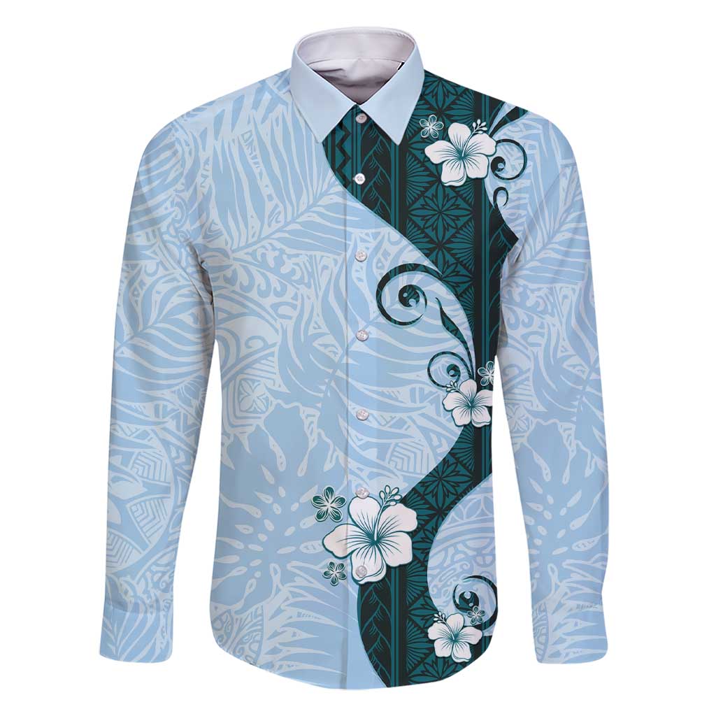 Polynesia Hibiscus Family Matching Short Sleeve Bodycon Dress and Hawaiian Shirt Sky Blue Curve Motif - Polynesian Pride