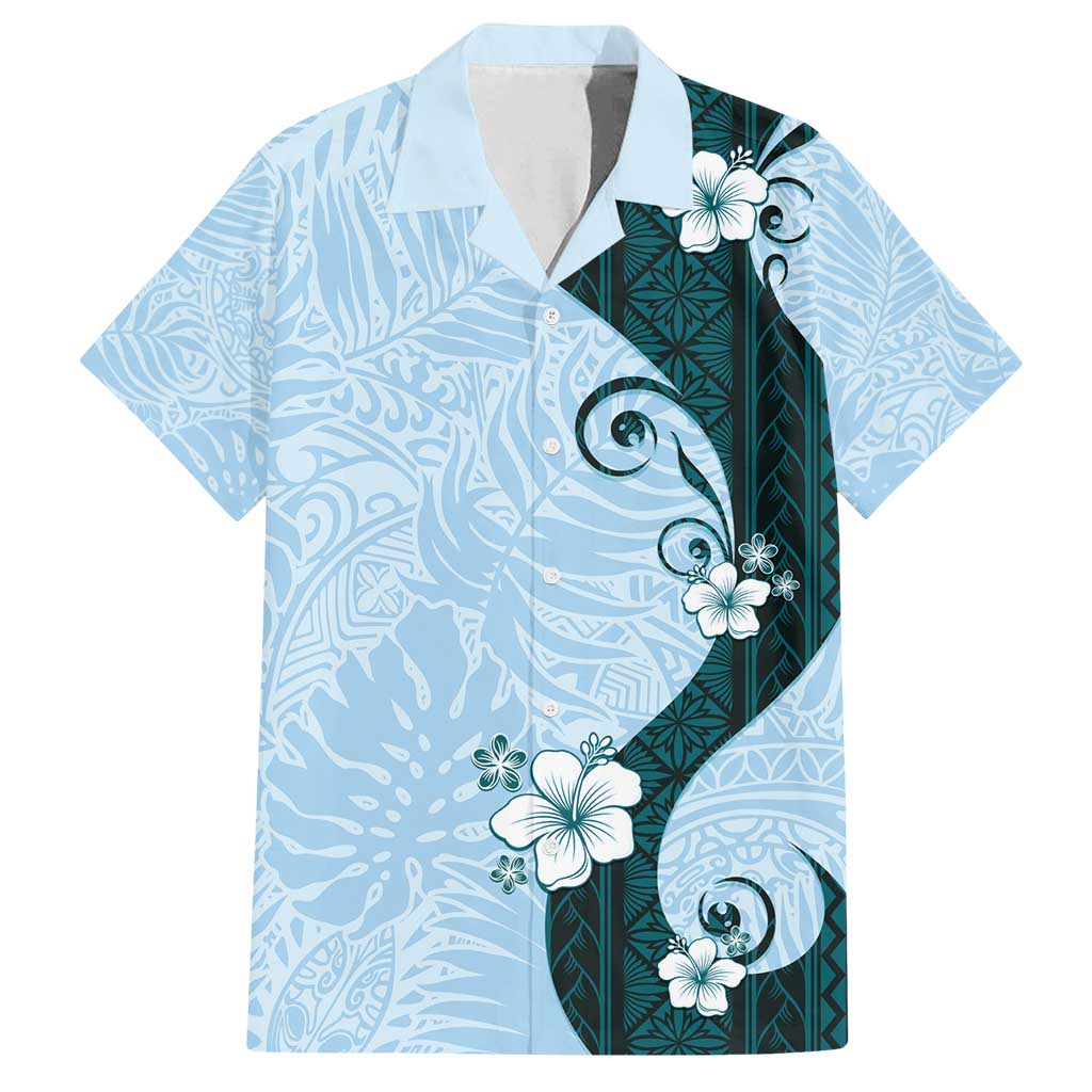 Polynesia Hibiscus Family Matching Summer Maxi Dress and Hawaiian Shirt Sky Blue Curve Motif - Polynesian Pride
