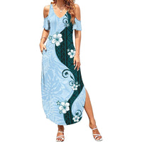 Polynesia Hibiscus Family Matching Summer Maxi Dress and Hawaiian Shirt Sky Blue Curve Motif - Polynesian Pride