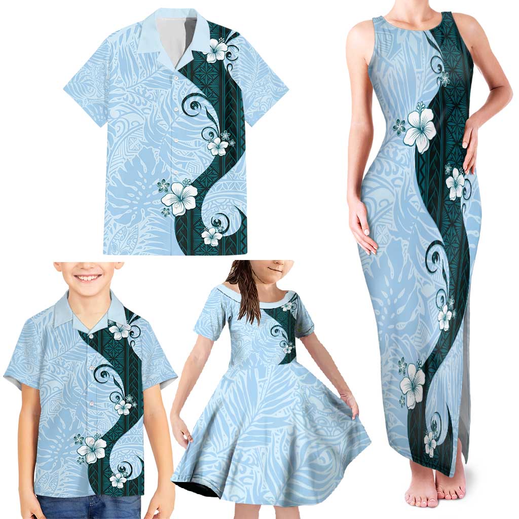 Polynesia Hibiscus Family Matching Tank Maxi Dress and Hawaiian Shirt Sky Blue Curve Motif - Polynesian Pride
