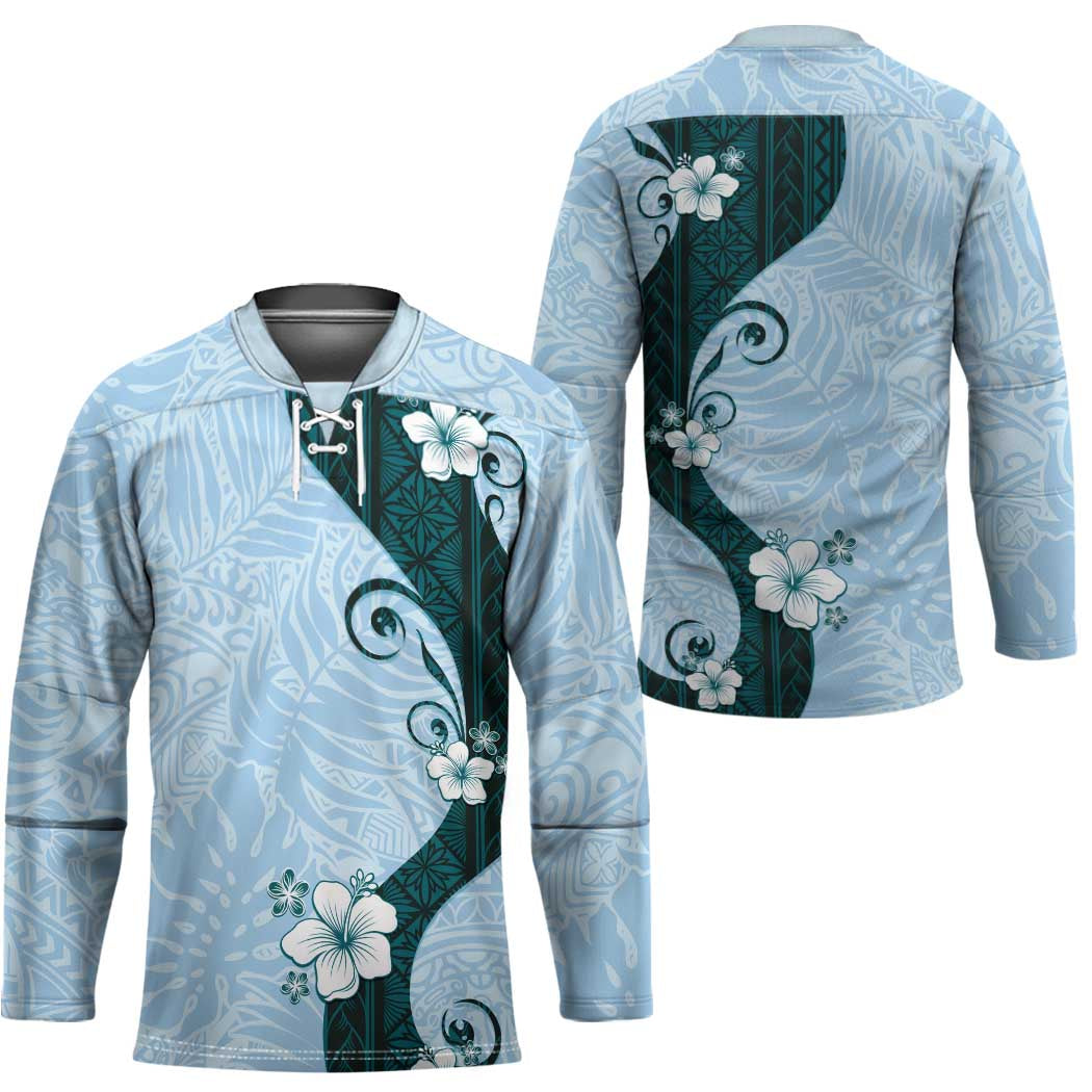 Polynesia Hibiscus Hockey Jersey Sky Blue Curve Motif - Polynesian Pride