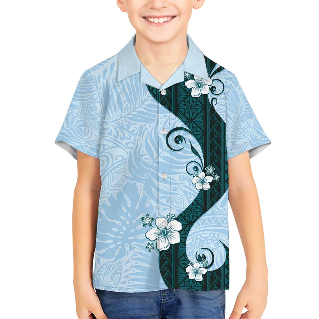 Polynesia Hibiscus Kid Hawaiian Shirt Sky Blue Curve Motif LT05 Kid Blue - Polynesian Pride