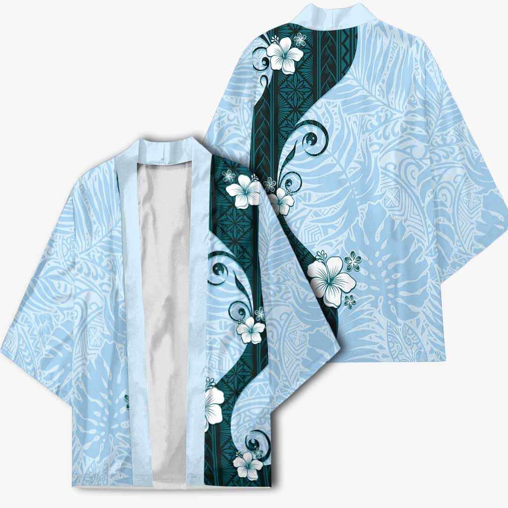 Polynesia Hibiscus Kimono Sky Blue Curve Motif - Polynesian Pride
