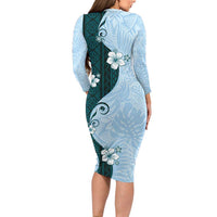 Polynesia Hibiscus Long Sleeve Bodycon Dress Sky Blue Curve Motif - Polynesian Pride
