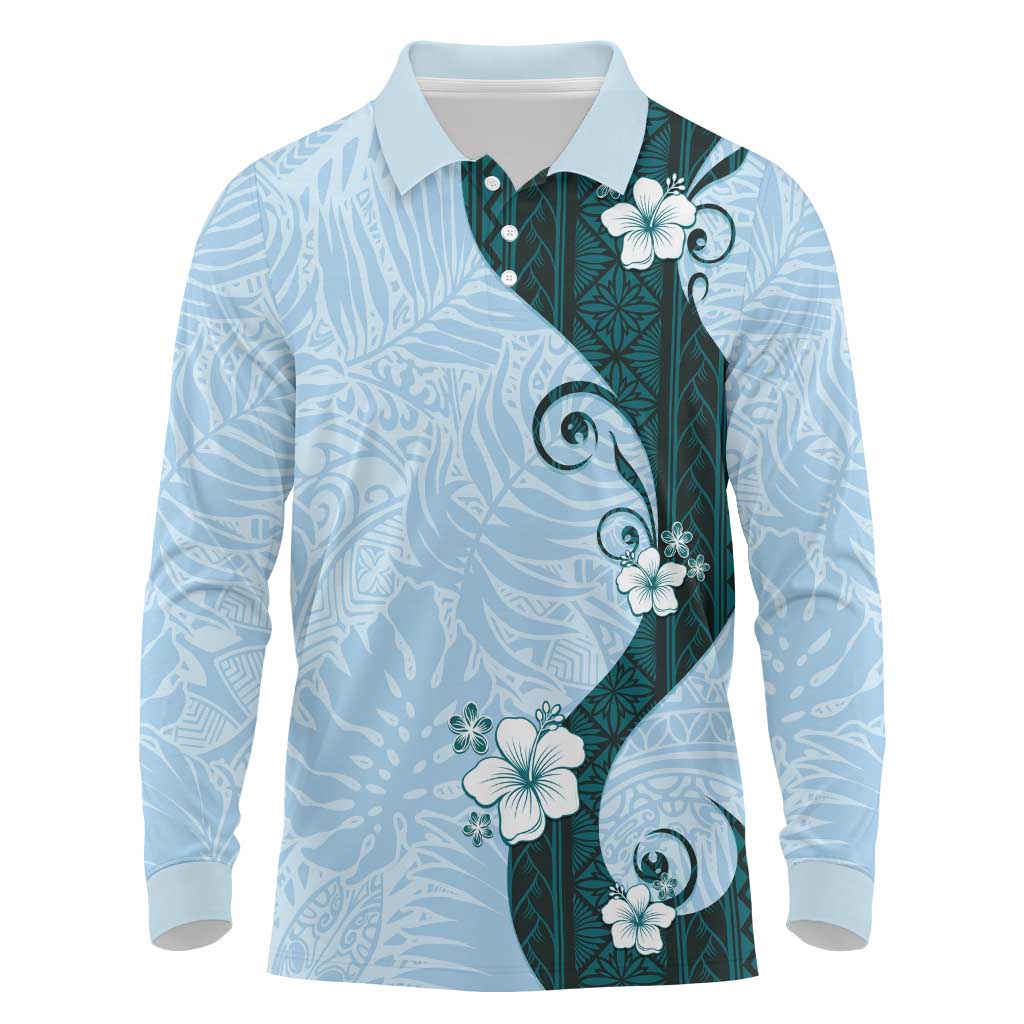 Polynesia Hibiscus Long Sleeve Polo Shirt Sky Blue Curve Motif - Polynesian Pride