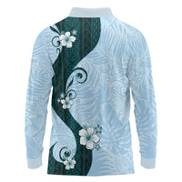 Polynesia Hibiscus Long Sleeve Polo Shirt Sky Blue Curve Motif - Polynesian Pride