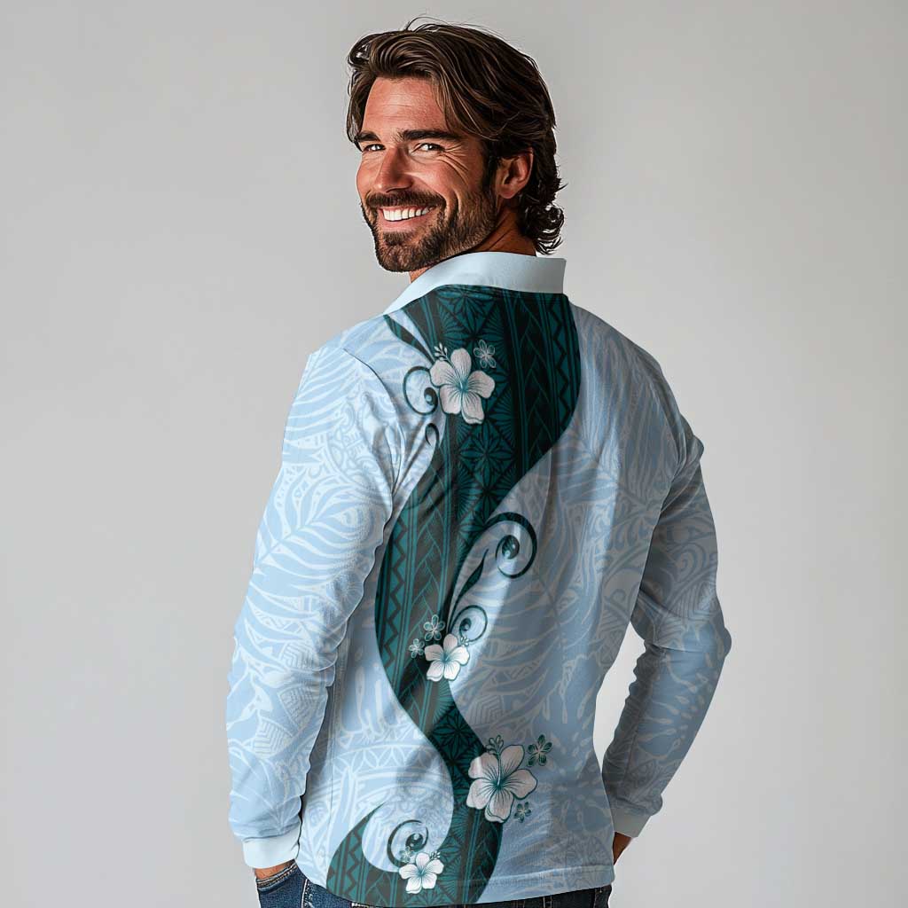Polynesia Hibiscus Long Sleeve Polo Shirt Sky Blue Curve Motif - Polynesian Pride