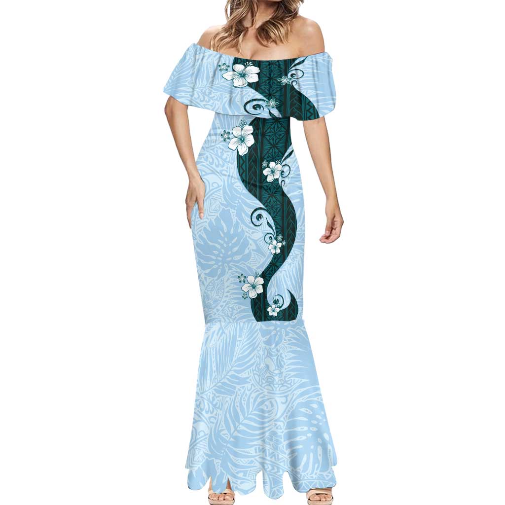 Polynesia Hibiscus Mermaid Dress Sky Blue Curve Motif - Polynesian Pride