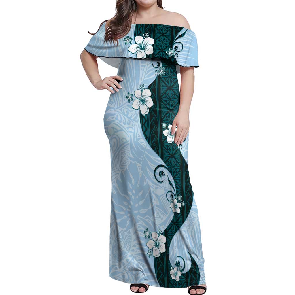 Polynesia Hibiscus Off Shoulder Maxi Dress Sky Blue Curve Motif - Polynesian Pride