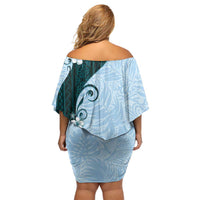 Polynesia Hibiscus Off Shoulder Short Dress Sky Blue Curve Motif - Polynesian Pride