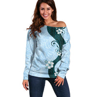 Polynesia Hibiscus Off Shoulder Sweater Sky Blue Curve Motif - Polynesian Pride