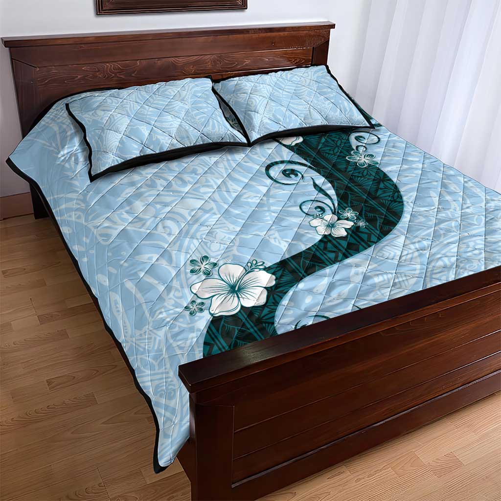 Polynesia Hibiscus Quilt Bed Set Sky Blue Curve Motif - Polynesian Pride