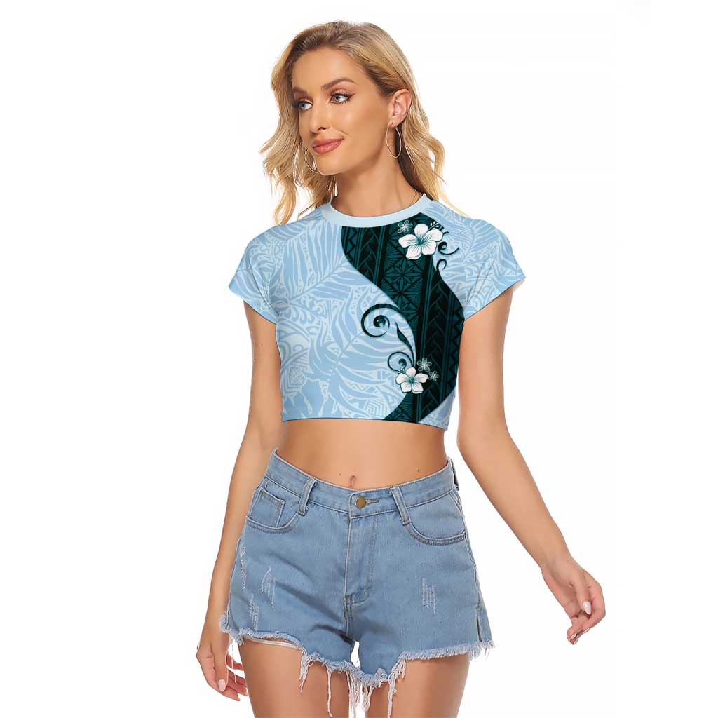 Polynesia Hibiscus Raglan Cropped T Shirt Sky Blue Curve Motif LT05 Female Blue - Polynesian Pride