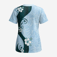 Polynesia Hibiscus Scrub Top Sky Blue Curve Motif - Polynesian Pride