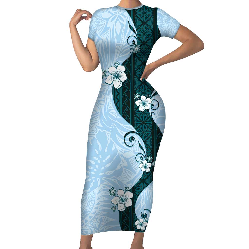 Polynesia Hibiscus Short Sleeve Bodycon Dress Sky Blue Curve Motif - Polynesian Pride