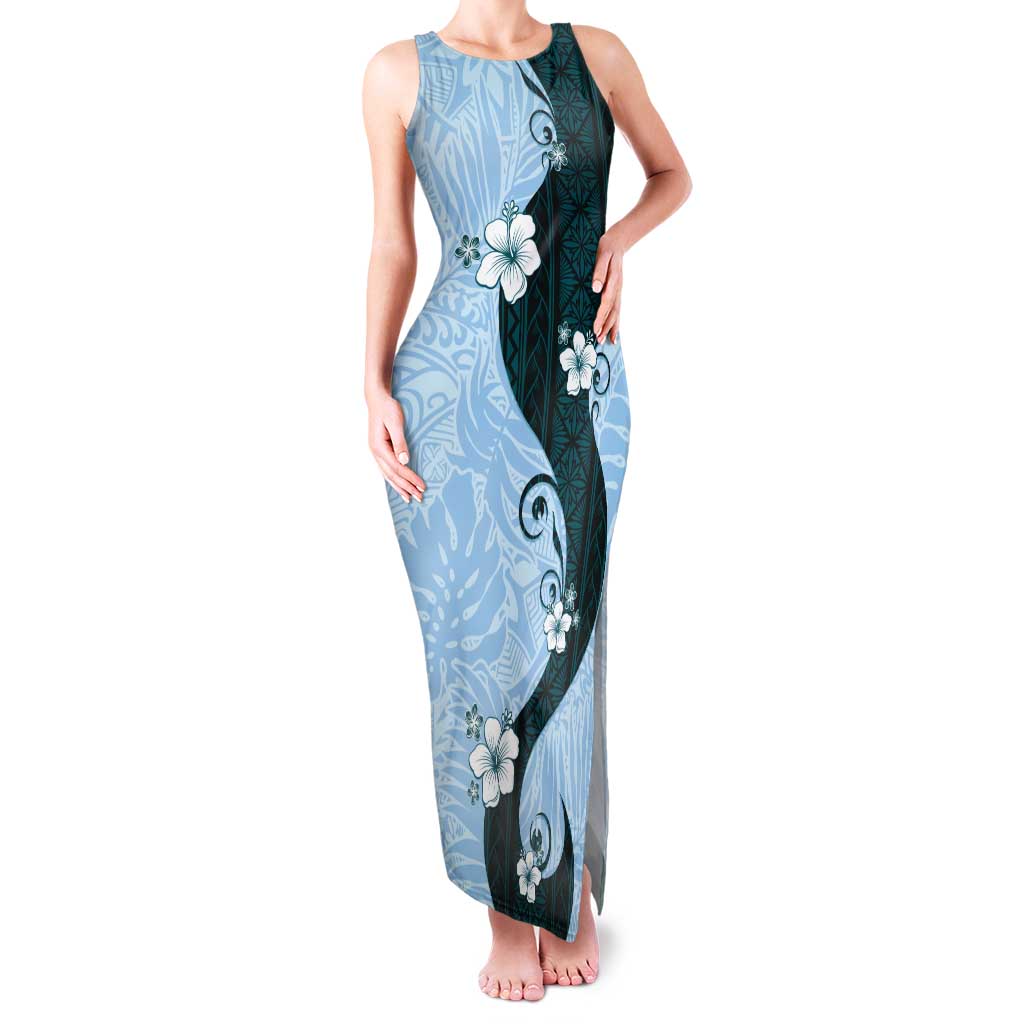 Polynesia Hibiscus Tank Maxi Dress Sky Blue Curve Motif - Polynesian Pride