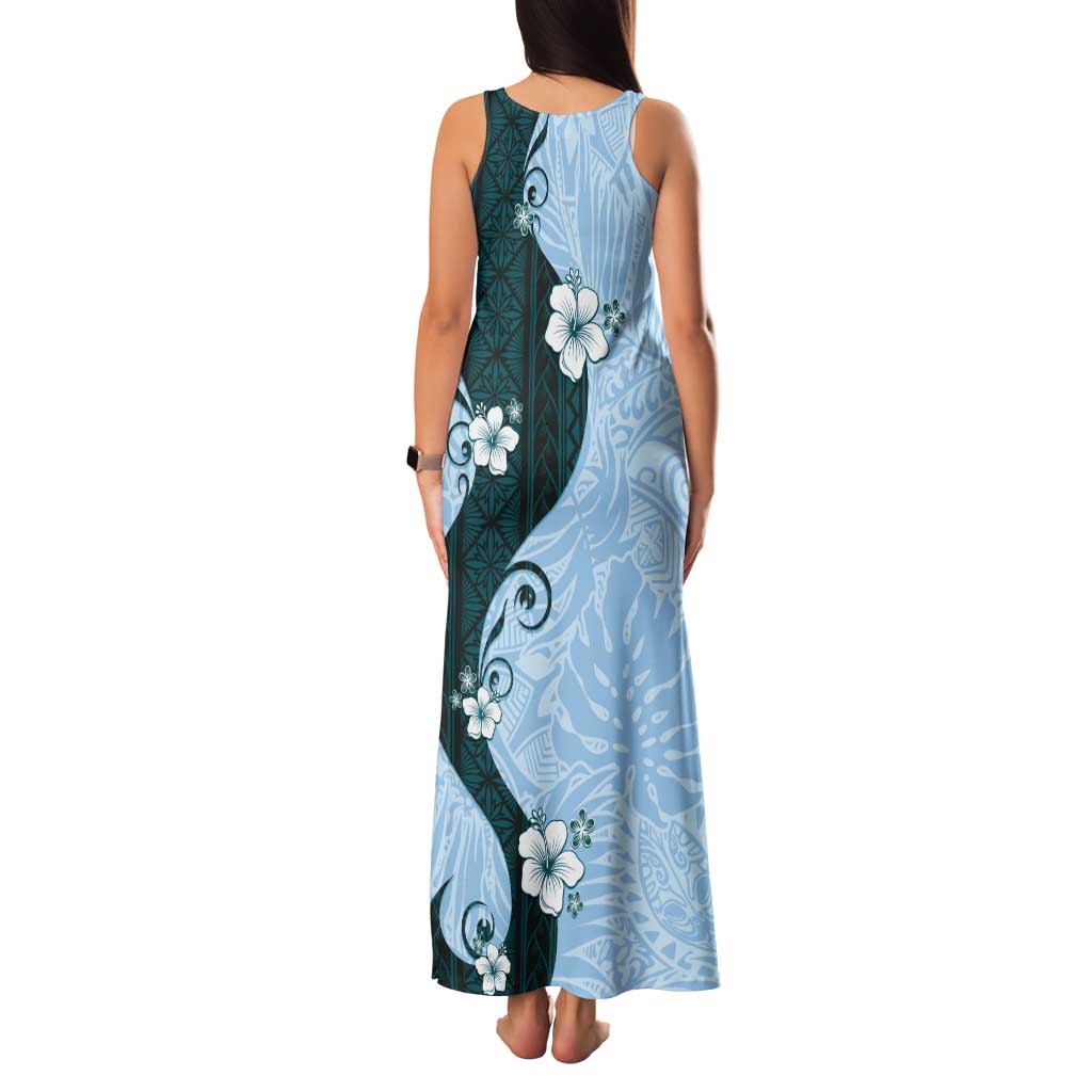 Polynesia Hibiscus Tank Maxi Dress Sky Blue Curve Motif - Polynesian Pride