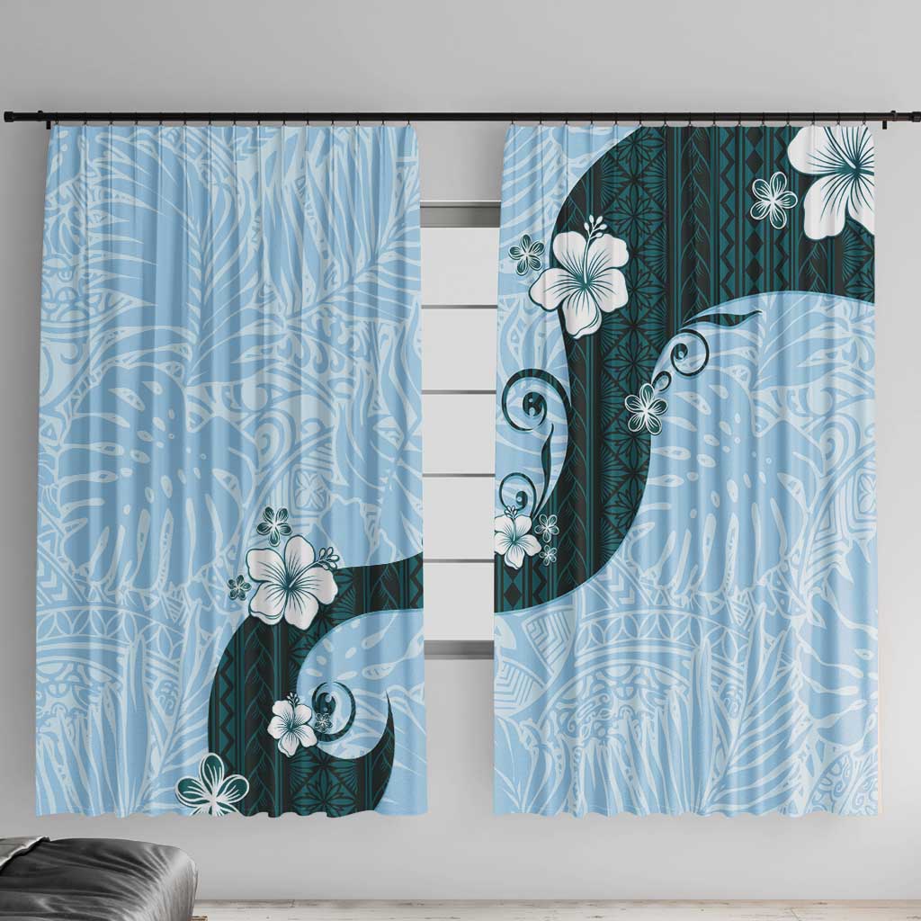 Polynesia Hibiscus Window Curtain Sky Blue Curve Motif LT05 With Hooks Blue - Polynesian Pride