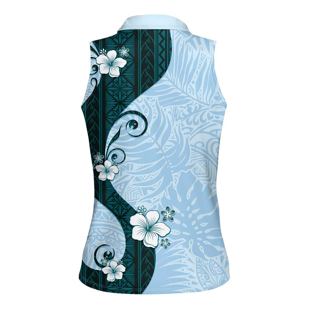 Polynesia Hibiscus Women Sleeveless Polo Shirt Sky Blue Curve Motif - Polynesian Pride