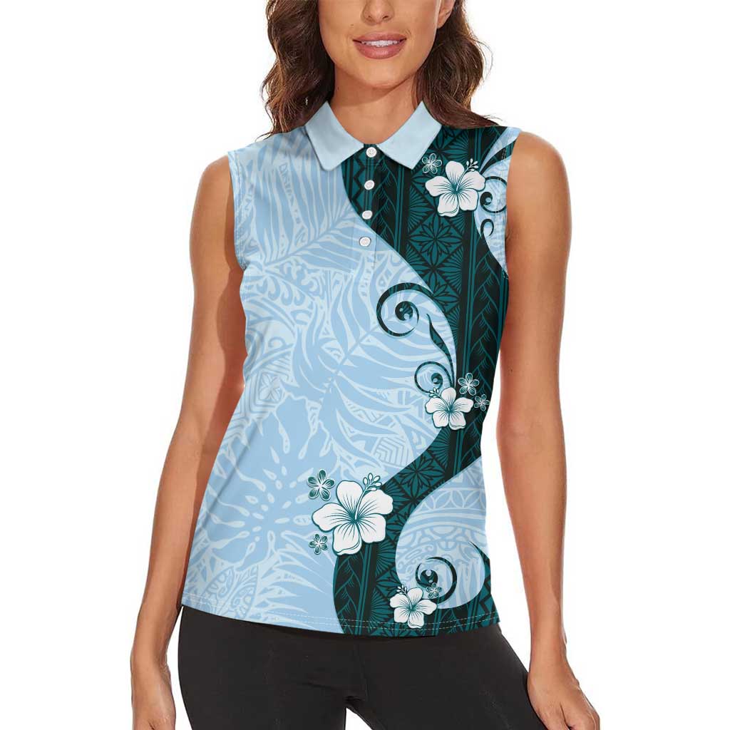 Polynesia Hibiscus Women Sleeveless Polo Shirt Sky Blue Curve Motif - Polynesian Pride