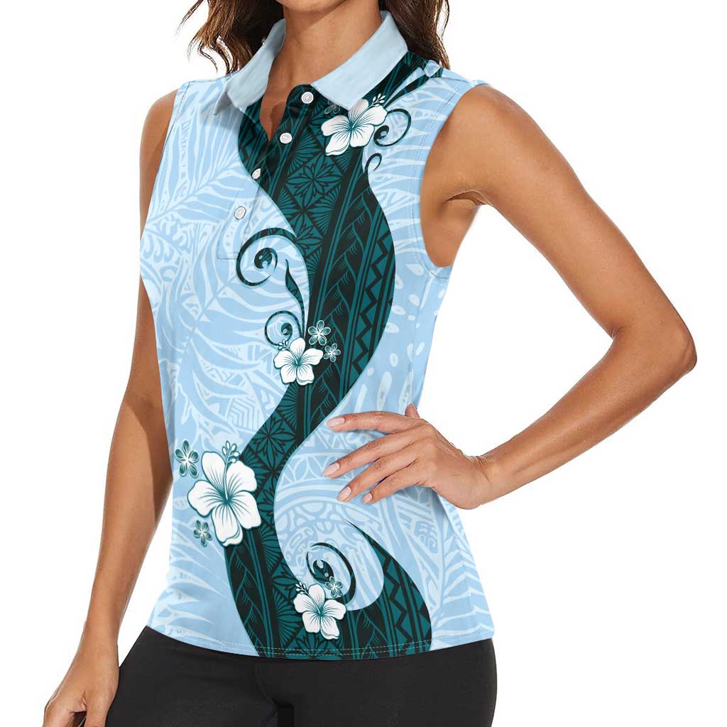 Polynesia Hibiscus Women Sleeveless Polo Shirt Sky Blue Curve Motif - Polynesian Pride