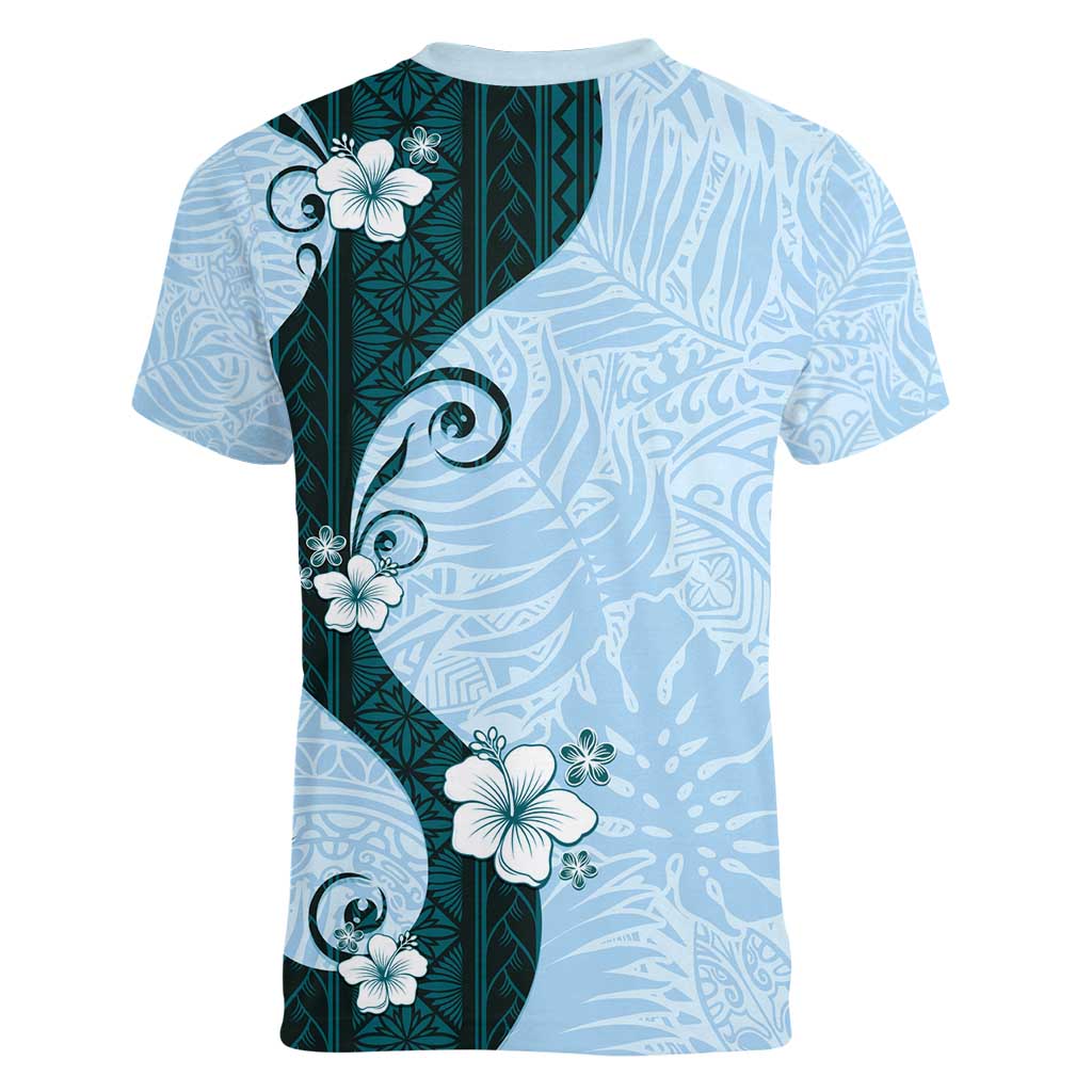 Polynesia Hibiscus Women V-Neck T-Shirt Sky Blue Curve Motif - Polynesian Pride