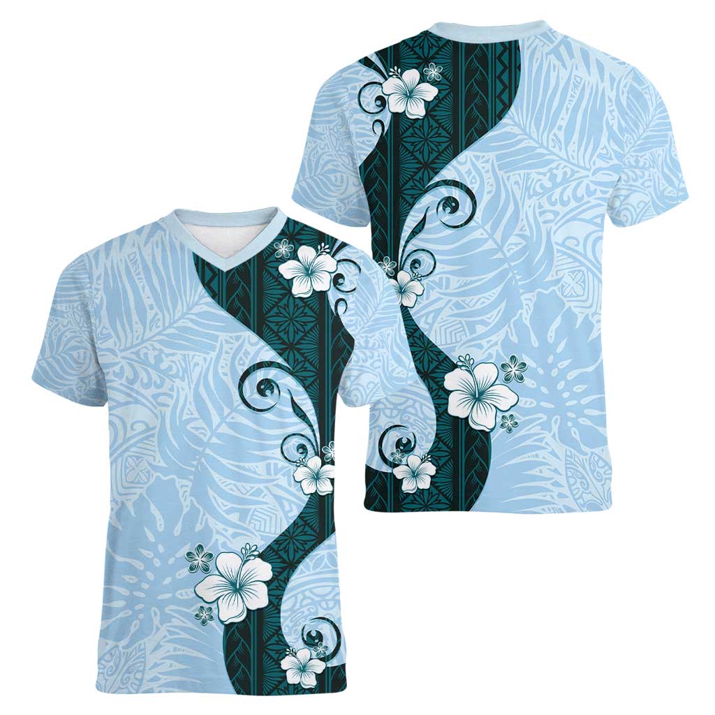 Polynesia Hibiscus Women V-Neck T-Shirt Sky Blue Curve Motif - Polynesian Pride