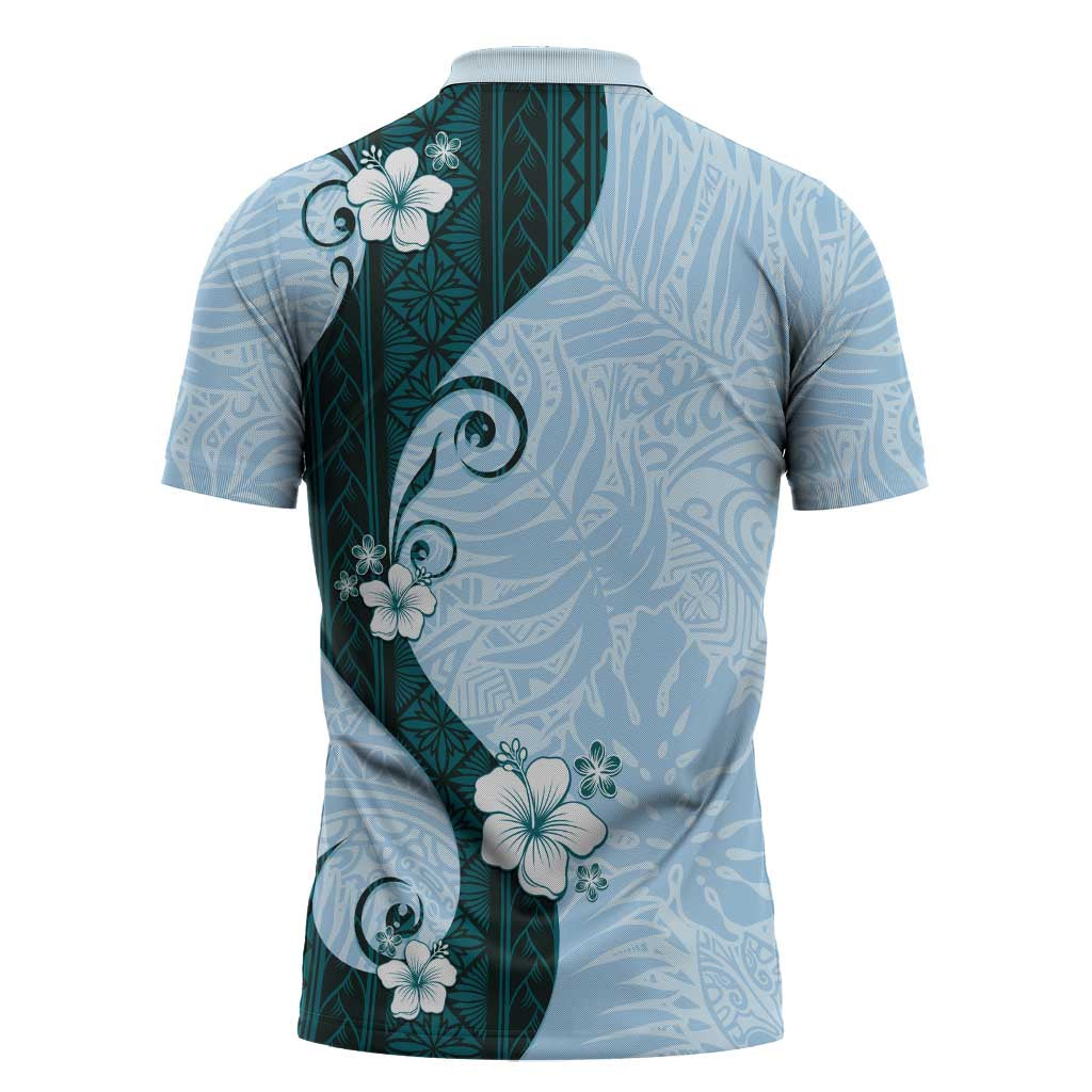 Polynesia Hibiscus Zipper Polo Shirt Sky Blue Curve Motif - Polynesian Pride
